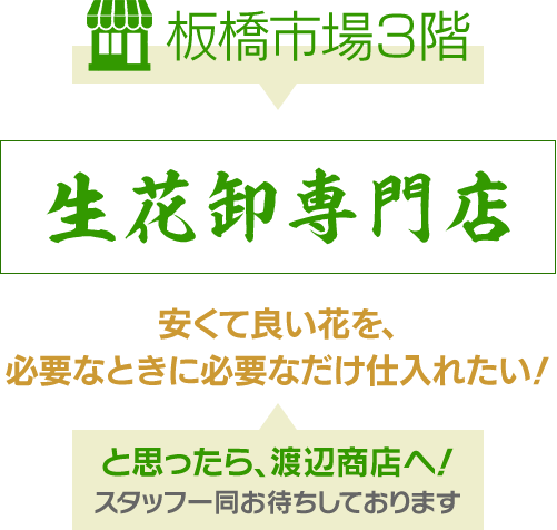 板橋市場3階 生花卸専門店 安くて良い花を、必要なときに必要なだけ仕入れたい！ と思ったら渡辺商店へ！ スタッフ一同お待ちしております